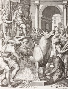 Phalaris veroordeelt de beeldhouwer Perillus om te sterven in de bronzen stier, om levend geroosterd te worden en zijn kreten zullen het loeien van de stier voorstellen, naar een 16e-eeuws werk, uit 